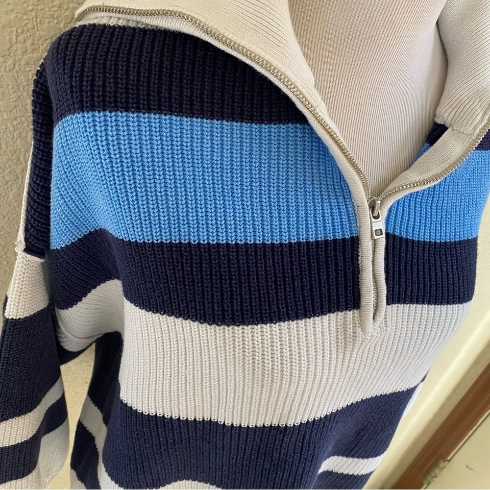 Aerie Beyond Quarter Zip Sweater Blue White Striped Chunky Knit Pullover: Medium - Picture 3 of 10